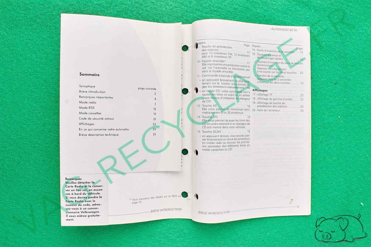Notice d'utilisation Autoradio Beta Volkswagen 211556RAB40 | VAG Recyclage