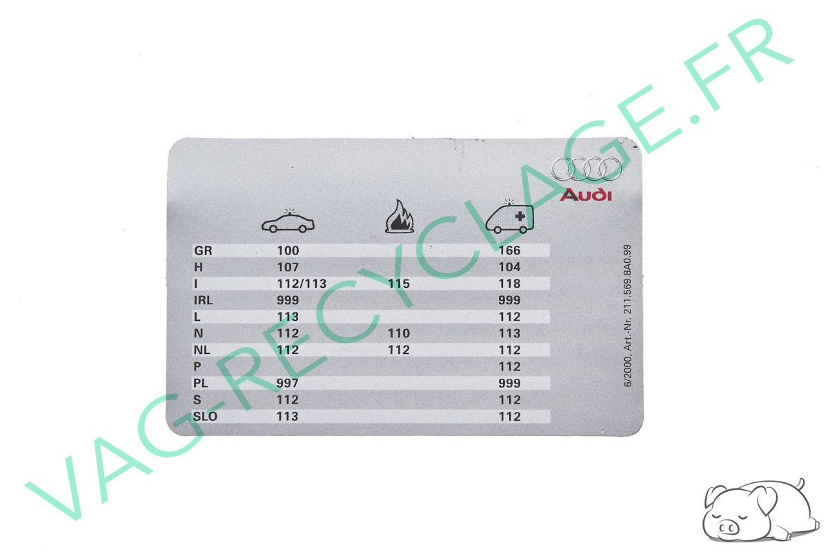 Carte numéros d'urgence europe 211.569.8A0.99 pour Audi A3 8L - Image 1